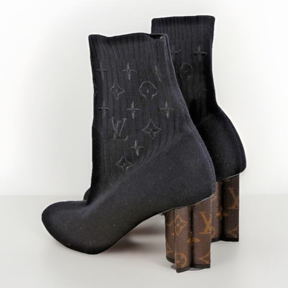 LOUIS VUITTON Logo Black Monogram Boots Stretch Silhouette Sock Ankle Size 37.5 - Picture 1 of 16